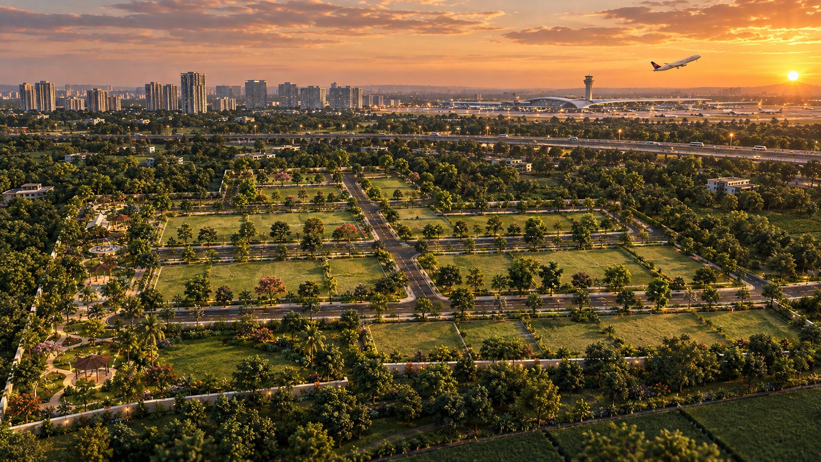 Sunset aerial view of the Pinakini Lifespaces plotted community